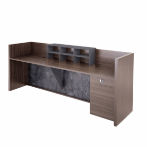 Reception desk Trosa in wood - length 2.4 m with LED lighting and storage