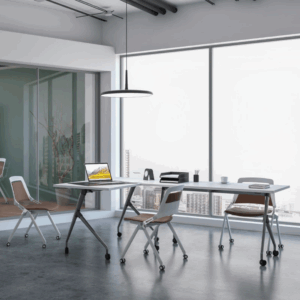 Chaise Lola-B apilable de cuero con reposabrazos abatibles y bandeja