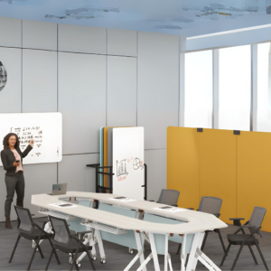 Bureau modular Focuz-B trapezoidal con almacenamiento y ruedas