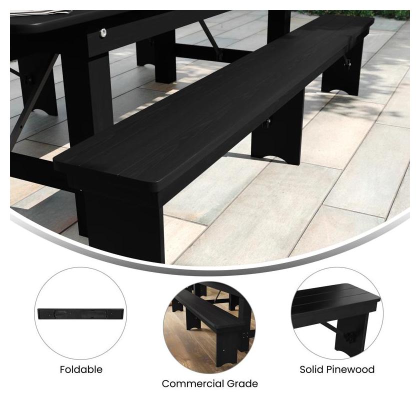 Banc pliant TITAN en pin massif noir – 244 × 30 cm