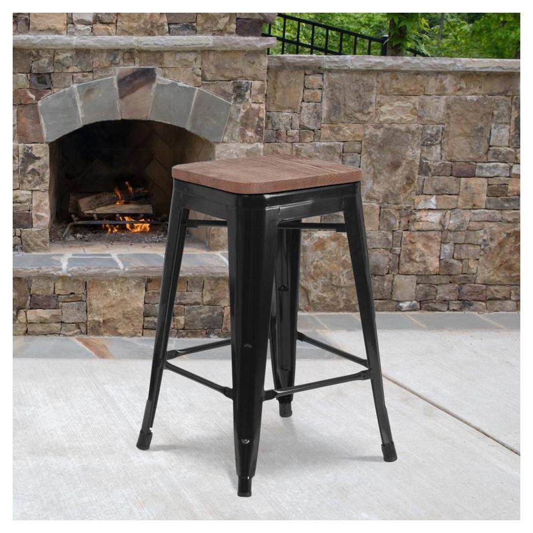 Tabouret comptoir extérieur STEELX en métal style industriel – sans dossier – assise bois – hauteur 61 cm