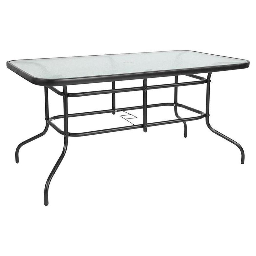 Table extérieure rectangulaire en métal avec plateau en verre trempé – 80 × 140 cm