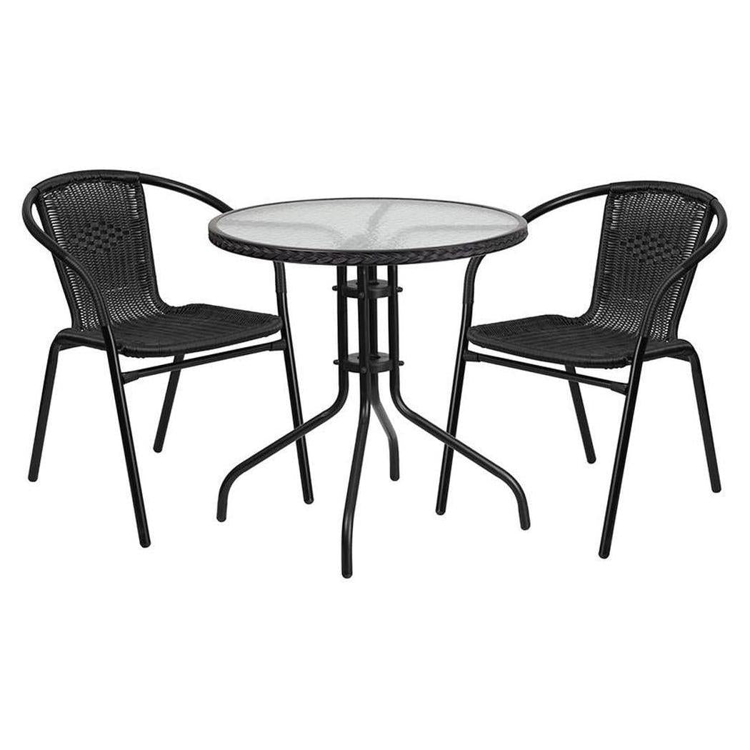 Ensemble table ronde Ø 71 cm avec plateau en verre et 2 chaises empilables en résine tressée