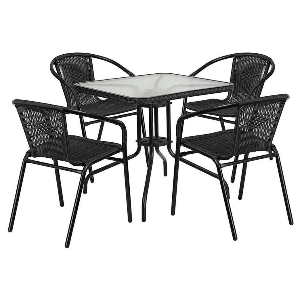 Ensemble table carrée 71 × 71 cm avec plateau en verre et 4 chaises empilables en résine