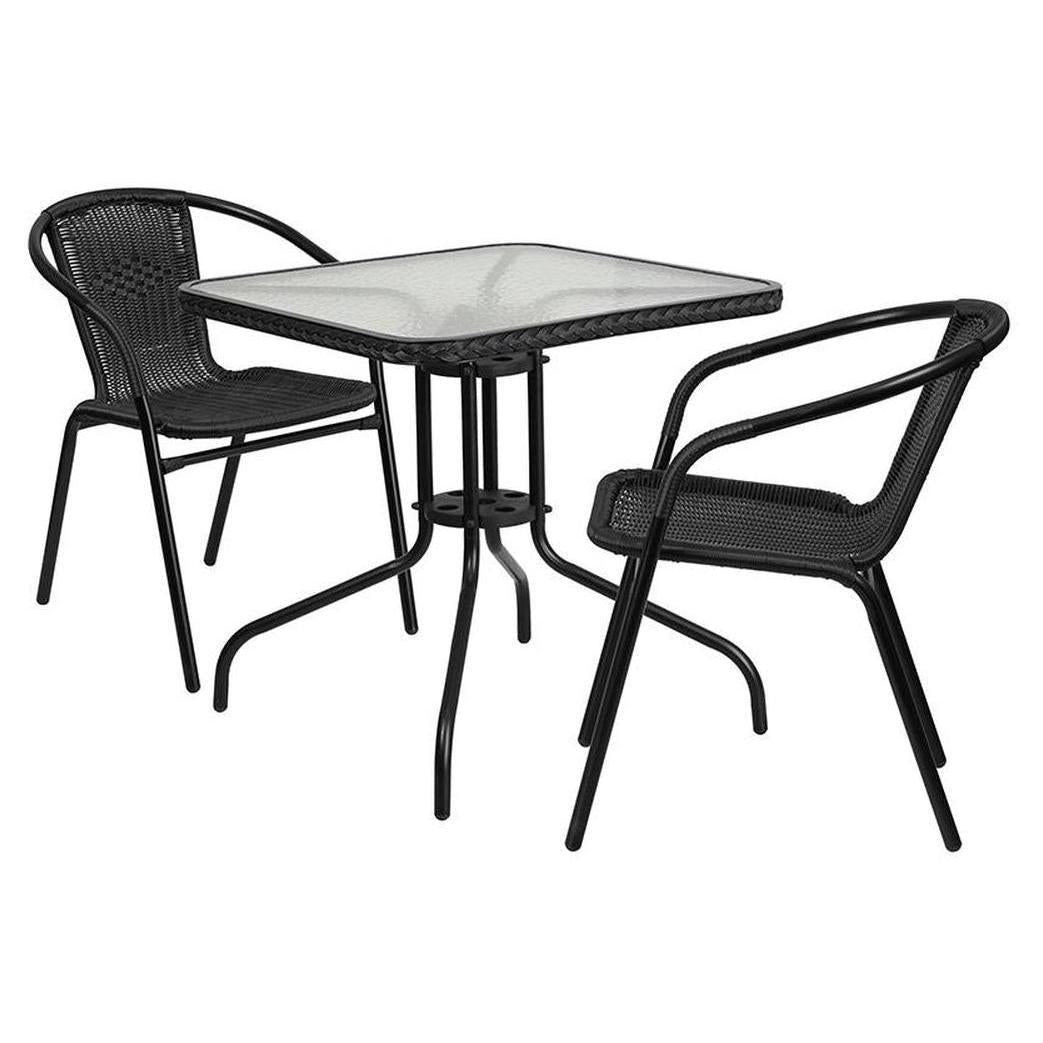 Ensemble table carrée 71 × 71 cm avec plateau en verre et 2 chaises empilables en résine