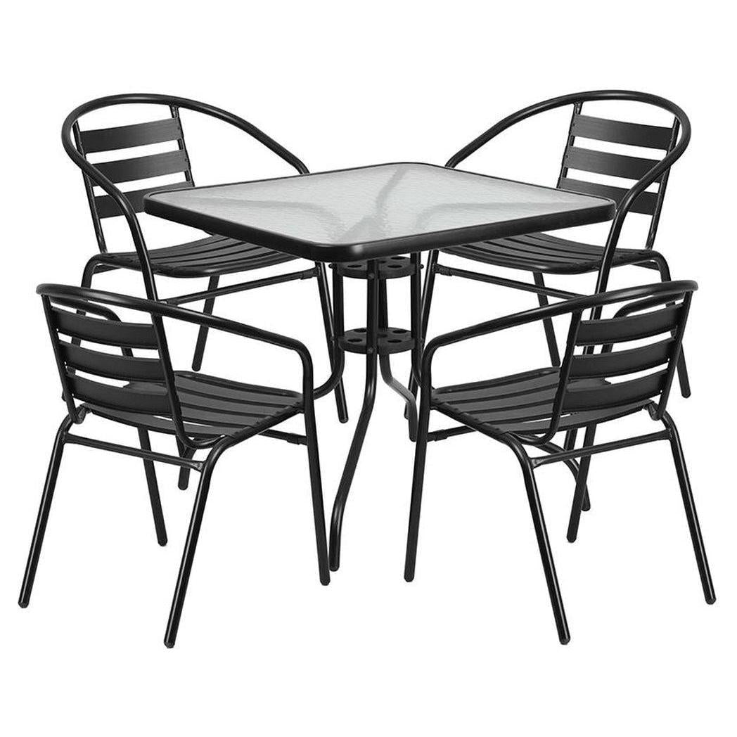 Ensemble table carrée 80 × 80 cm avec plateau en verre et 4 chaises empilables en aluminium
