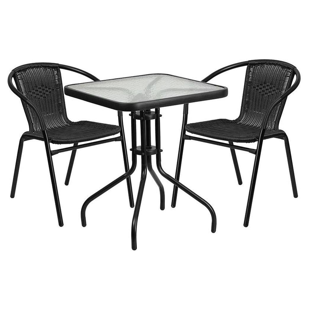 Ensemble table carrée 60 × 60 cm avec plateau en verre et 2 chaises empilables en résine