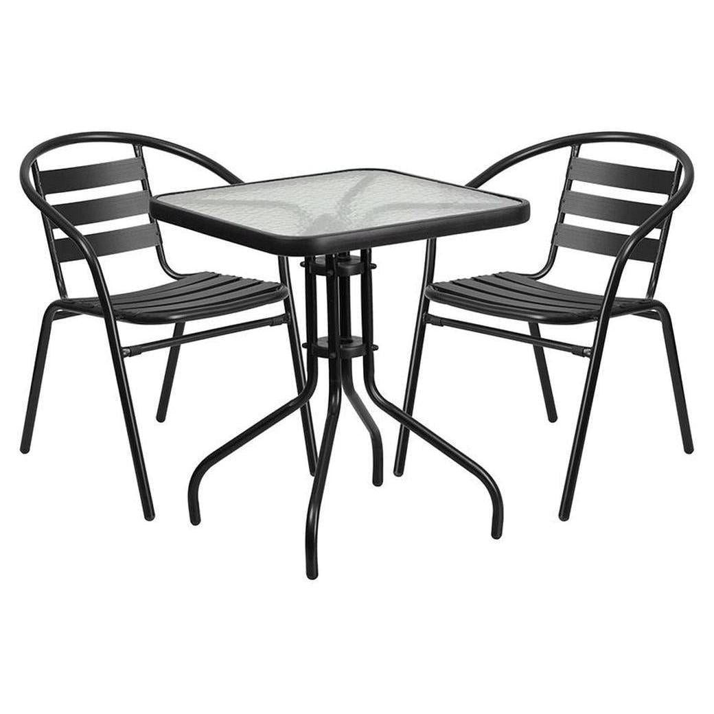 Ensemble table carrée 60 × 60 cm avec plateau en verre et 2 chaises empilables en aluminium
