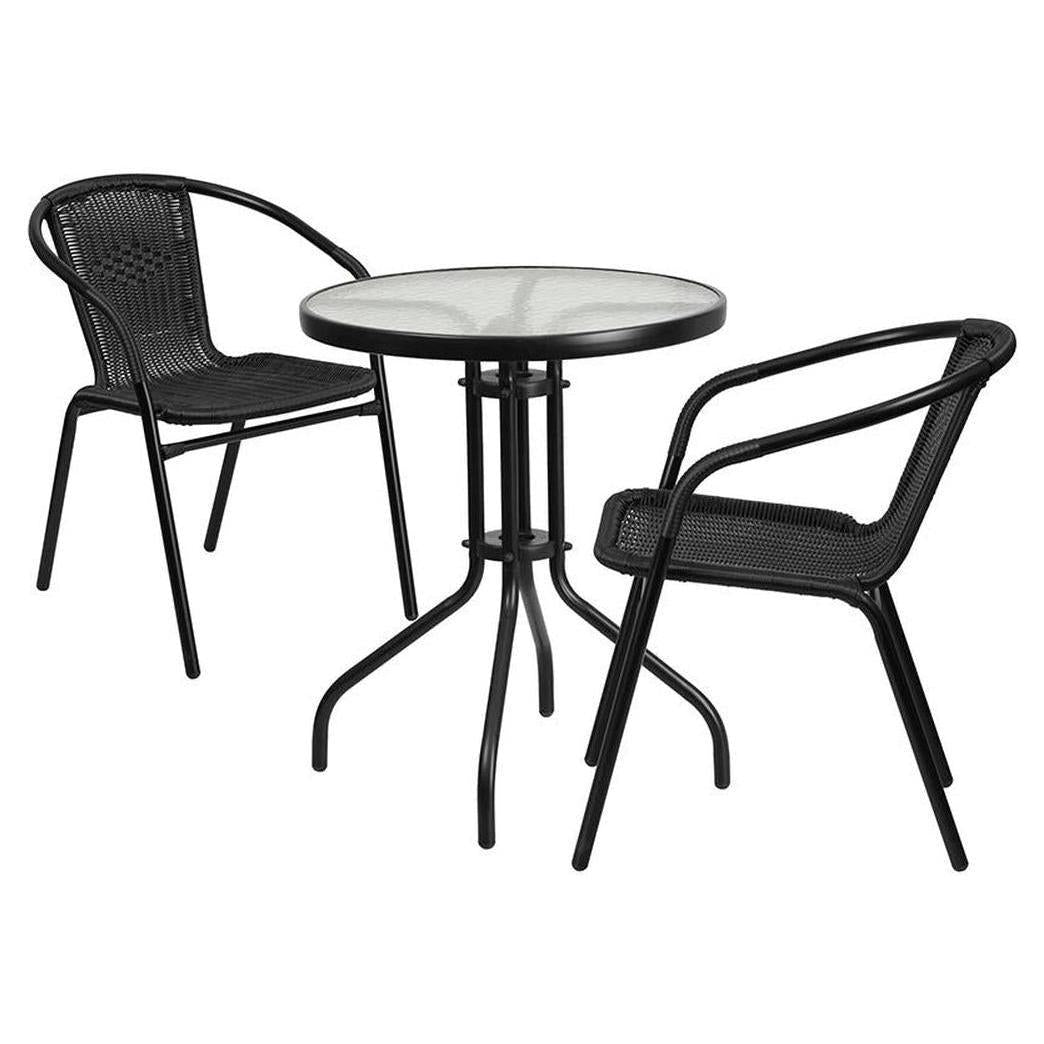 Ensemble table ronde Ø 60 cm avec plateau en verre et 2 chaises empilables en résine