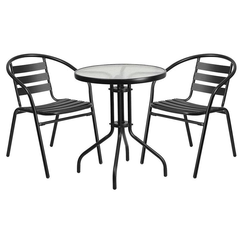 Ensemble table ronde Ø 60 cm avec plateau en verre et 2 chaises empilables en aluminium
