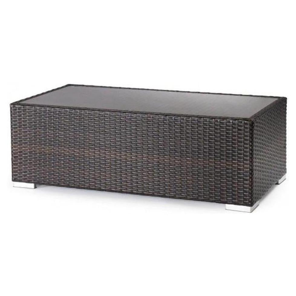Table basse extérieure GONZALEZ en résine tressée avec plateau en verre et structure aluminium