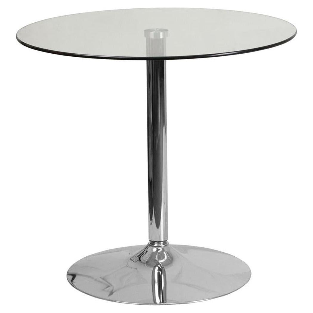 Table ronde avec plateau en verre et piétement métal chromé – hauteur 74 cm