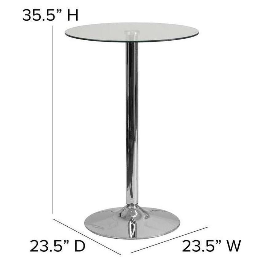 Table ronde avec plateau en verre et piétement chromé – hauteur 90 cm