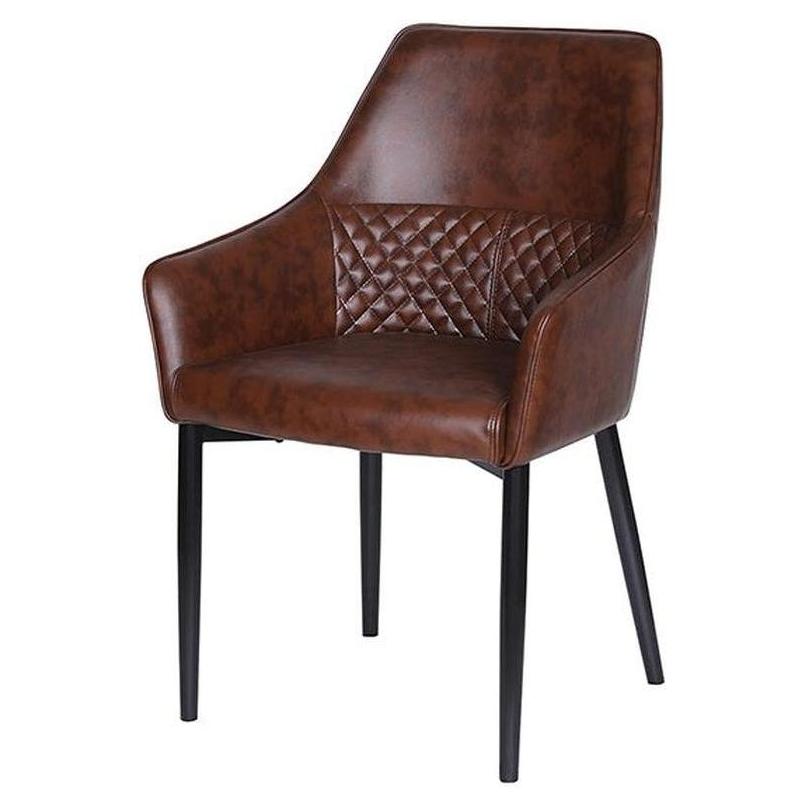 Sillón con patas de acero negro y asiento de vinilo marrón