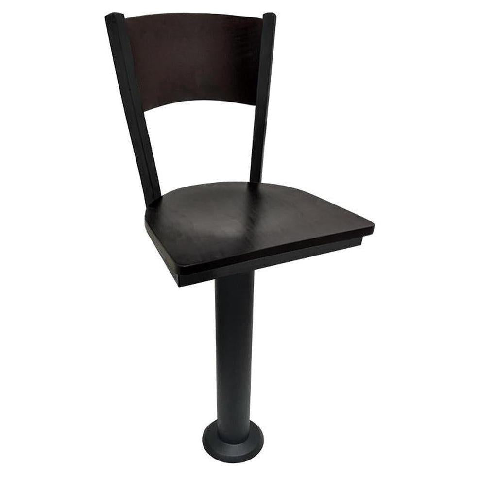 Tabouret de bar de restaurant sur piétement fixé au sol avec dossier bois plein