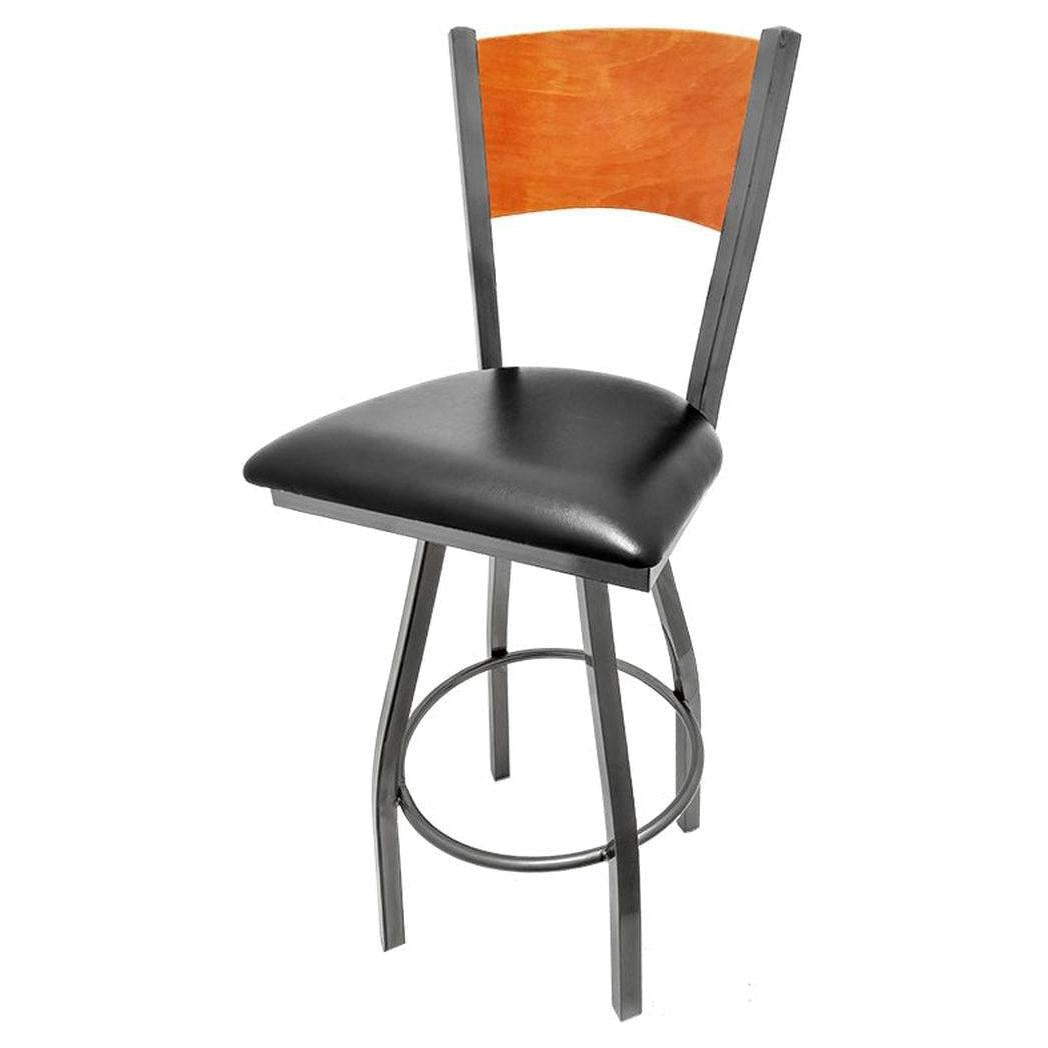 Tabouret de bar avec dossier bois plein et piétement pivotant finition transparente