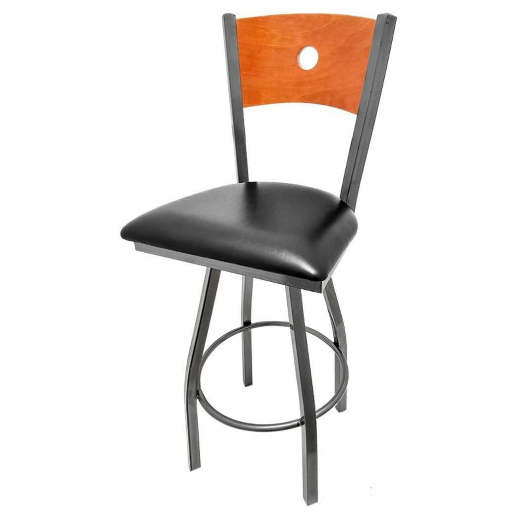 Bar stool SALOON with wooden backrest and swivel base in transparent finish