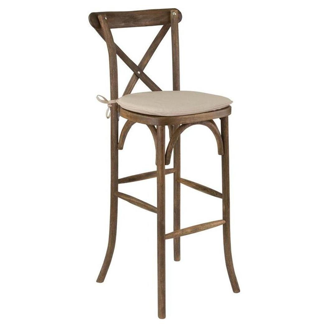 Tabouret de bar TITAN en bois finition antique avec dossier croisé et coussin