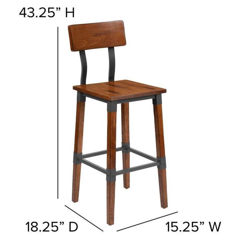 Tabouret de bar industriel ALARIC en bois finition noyer antique – lot de 2