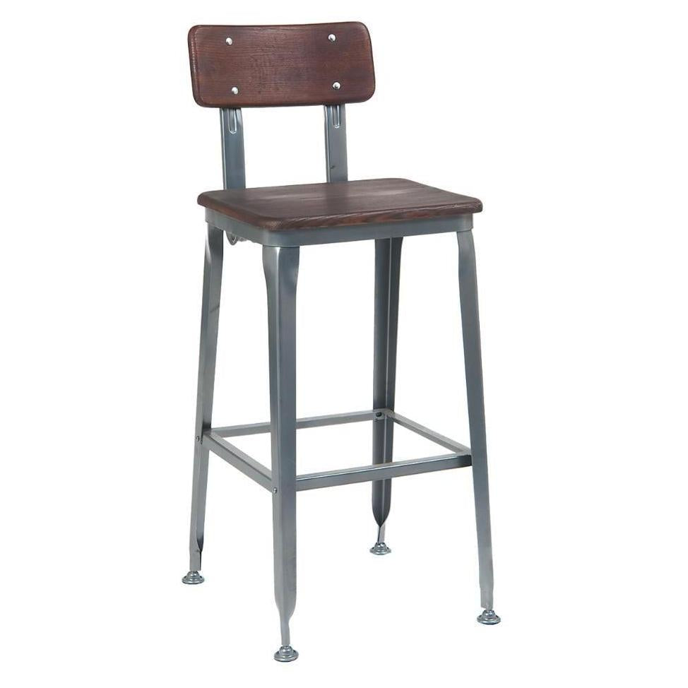 Bar stool AYANJ for indoor use, made of patinated steel with wooden seat and backrest