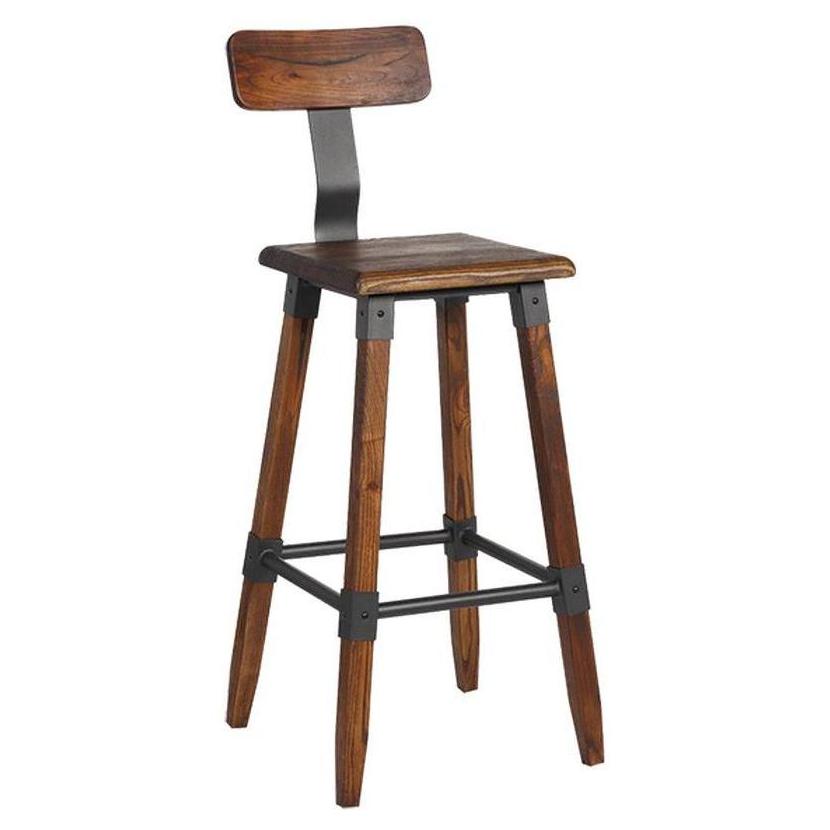 Tabouret de bar industriel à dossier en T avec assise et dossier en bois finition noyer