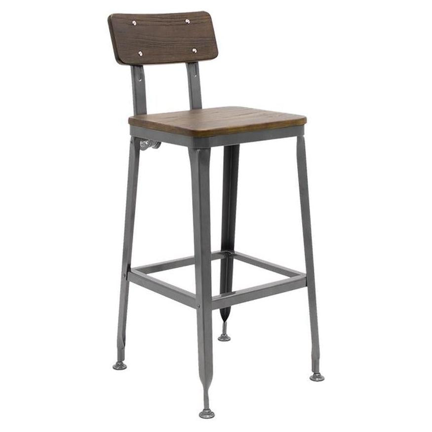 Tabouret de bar industriel KASIMO en acier avec assise et dossier bois finition noyer