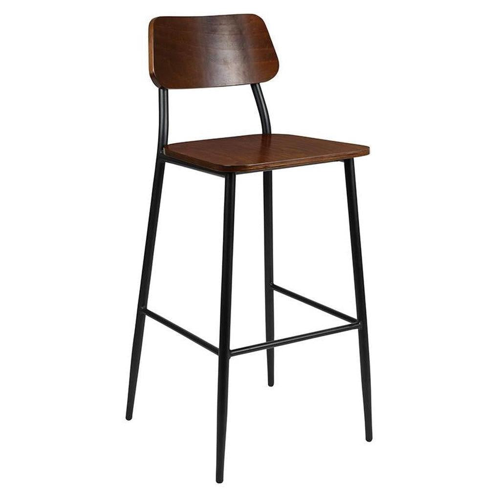 Tabouret de bar industriel avec structure acier finition canon de fusil et assise bois rustique