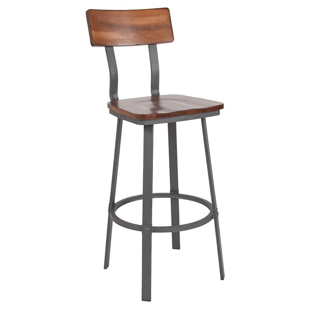 Bar stool for restaurant PEP in walnut wood finish with gray thermolacquered metal structure
