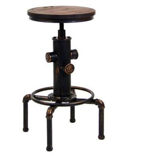 Adjustable industrial bar stool without backrest with wooden seat