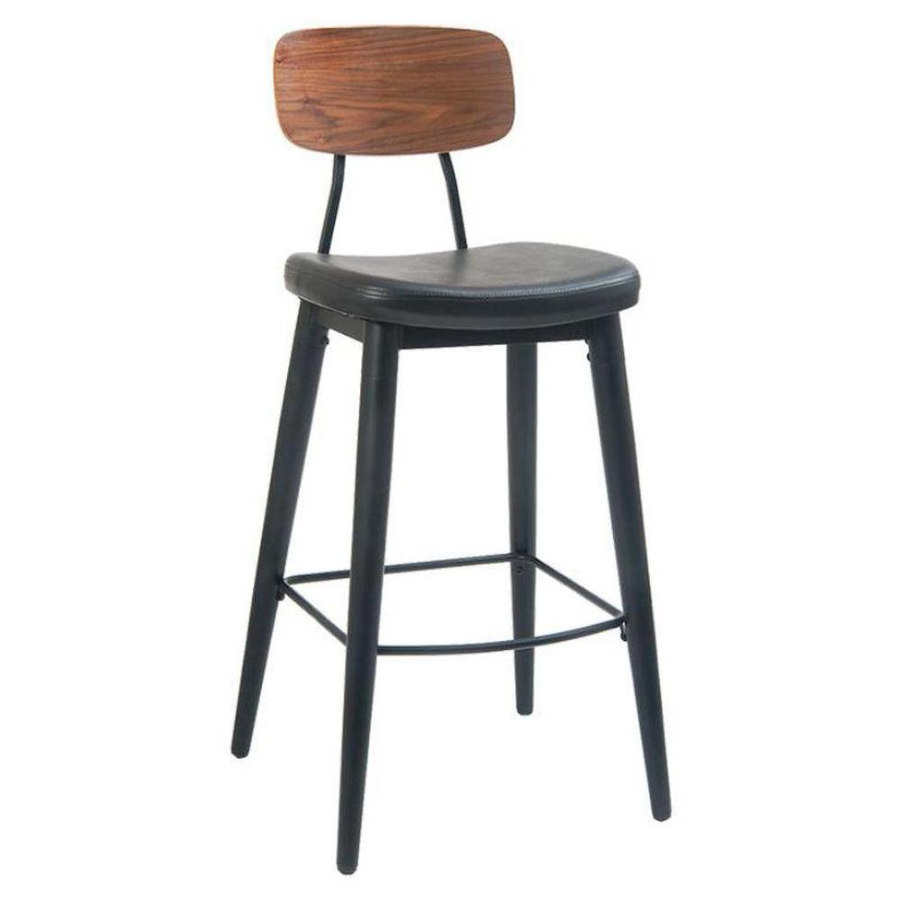 Tabouret de bar en métal noir avec dossier plaqué et assise vinyle noire