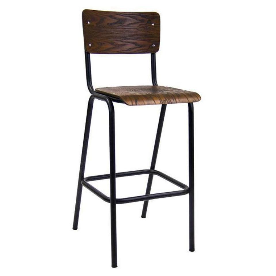 Tabouret de bar en métal noir avec dossier et assise plaqués