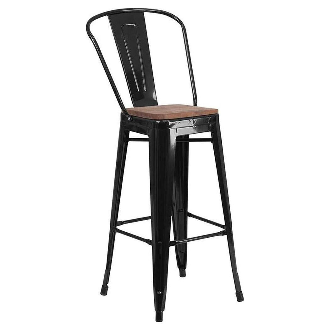 Bar stool in STEELX style, 76 cm height with wooden backrest and seat