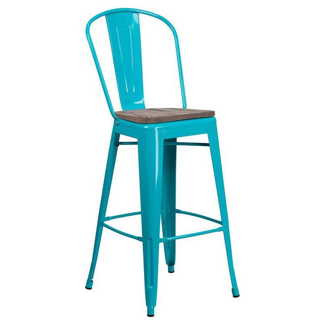 Bar stool STEELX height 76 cm with wooden backrest and seat