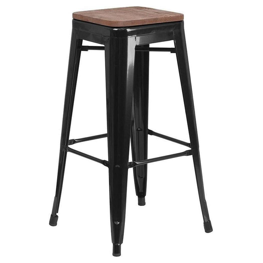 Bar stool STEELX height 76 cm without backrest with square wooden seat