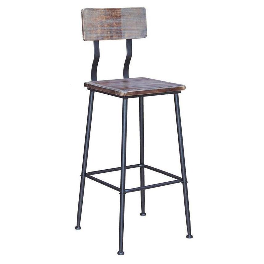 Tabouret de bar en métal avec dossier et assise en bois de pin
