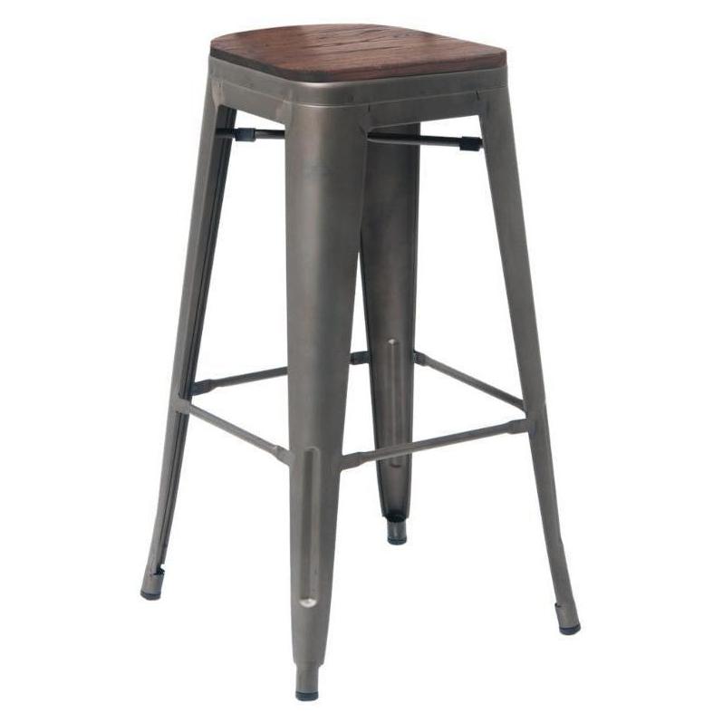 Bar stool STEELX indoor without backrest with wooden seat in gunmetal finish