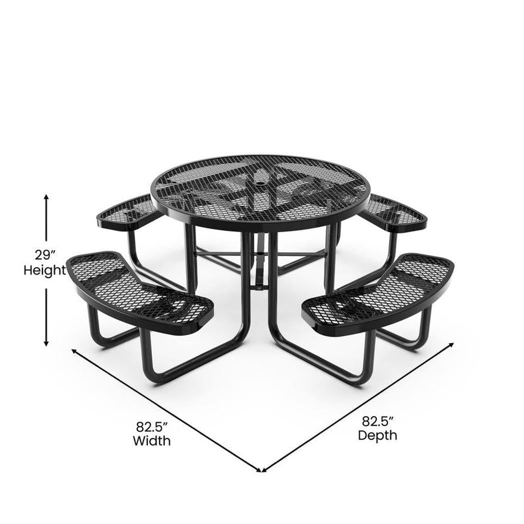Table de pique-nique extérieure ronde 117 cm avec assises et plateau grillagé – trou parasol