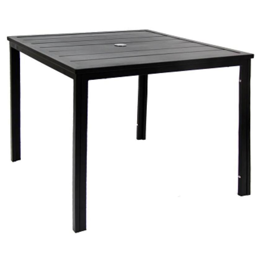 Outdoor black metal table with multiple slat top