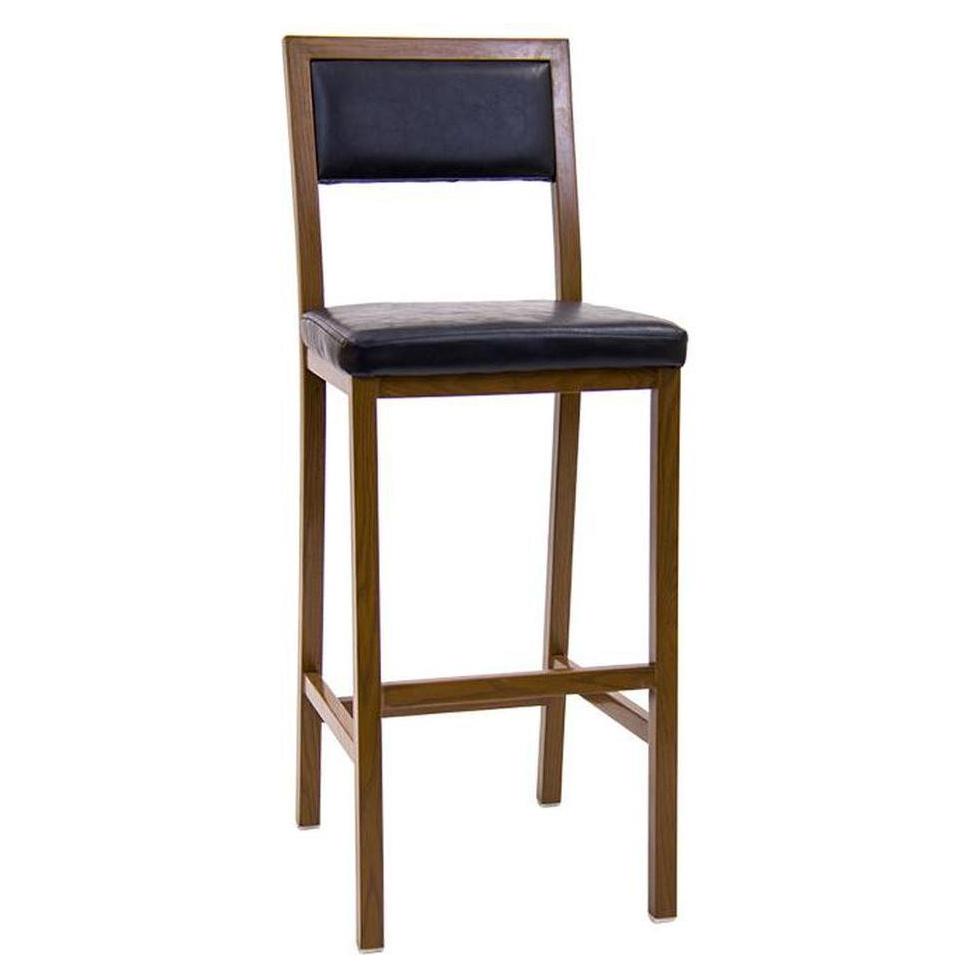 Tabouret de bar intérieur en métal finition noyer avec assise et dossier en vinyle noir