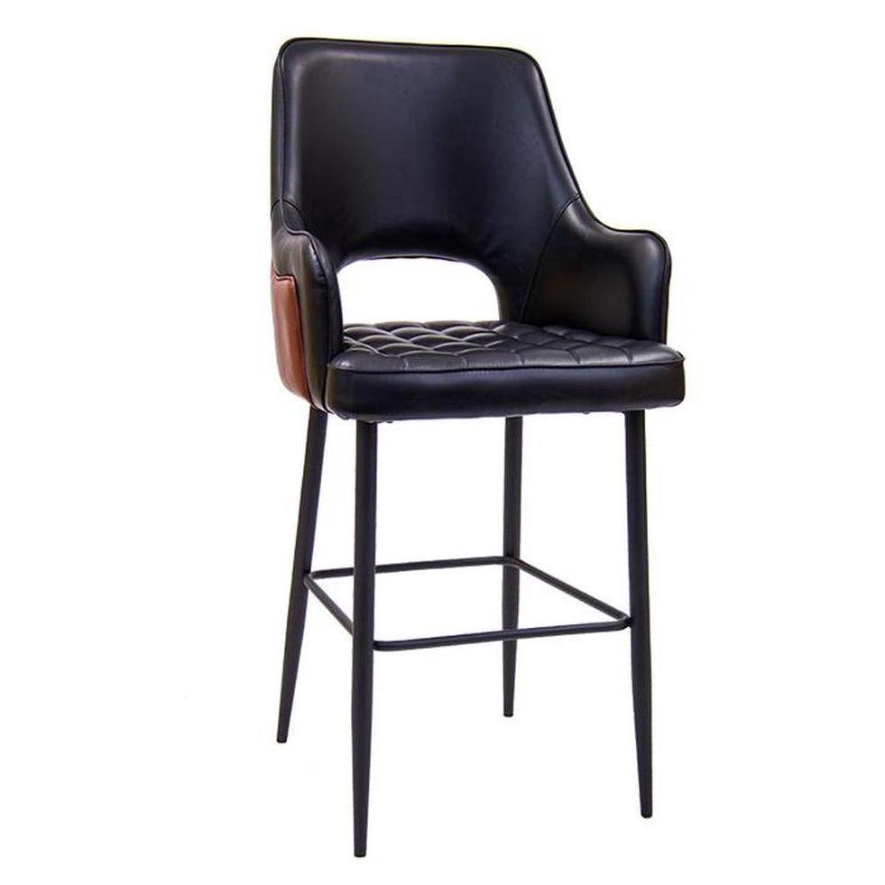 Vintage black steel bar stool with vinyl seat