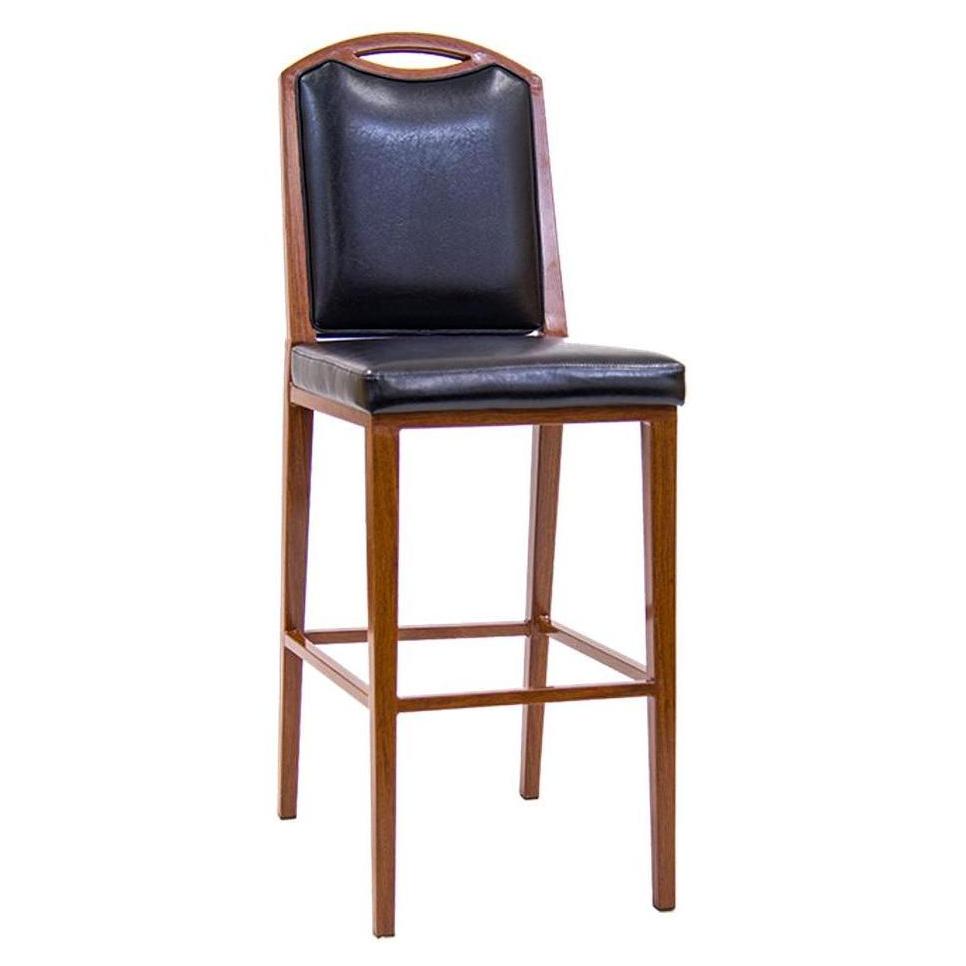 Modern indoor bar stool in metal with wood effect and black vinyl seat and backrest