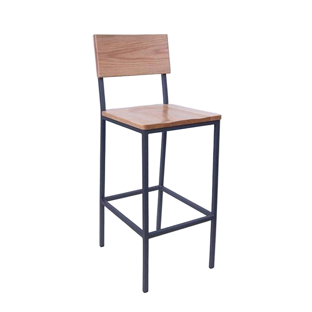Industrial style natural oak bar stool with black metal frame