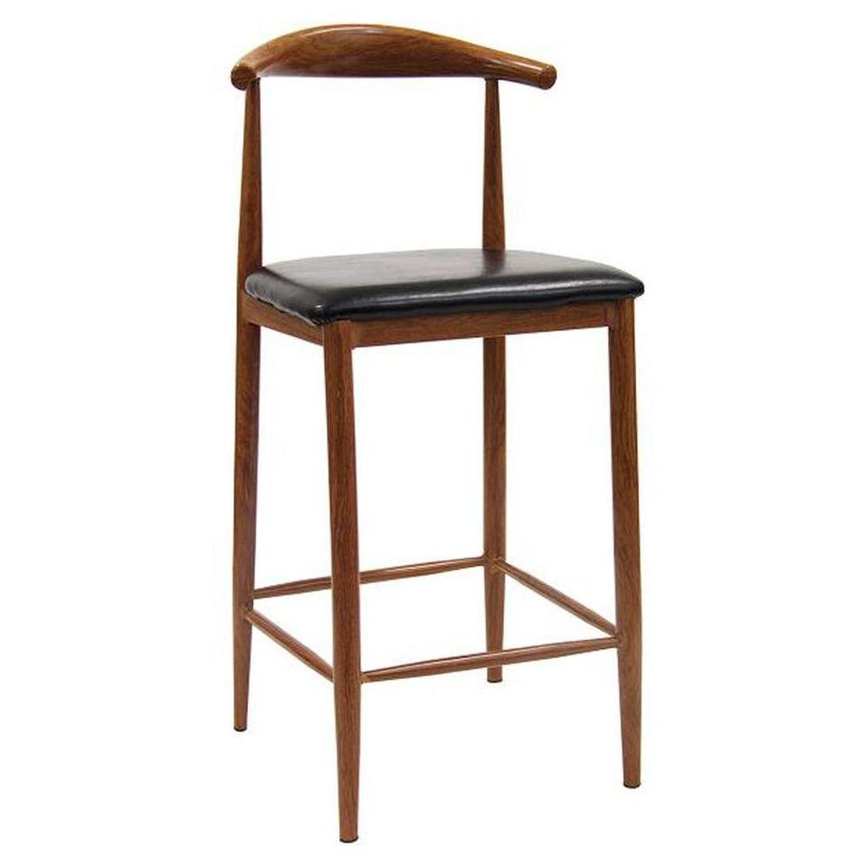 Tabouret de bar en acier avec dossier coudé effet bois et assise en vinyle noir