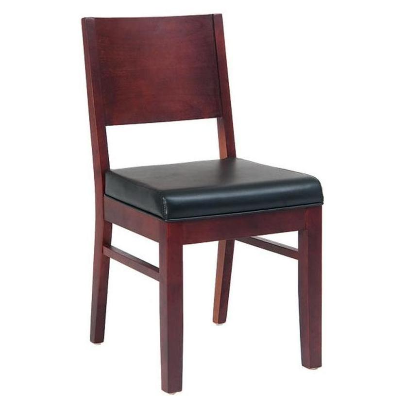 Modern beech wood chair with solid backrest and black vinyl seat in dark mahogany finish