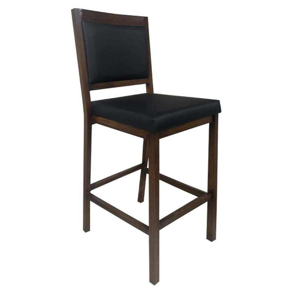 Tabouret de bar en métal finition noyer avec assise et dossier en vinyle noir