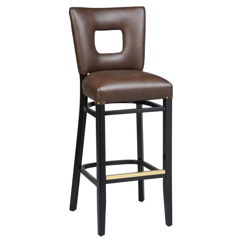 Modern upholstered bar stool with square relief backrest and decorative nails