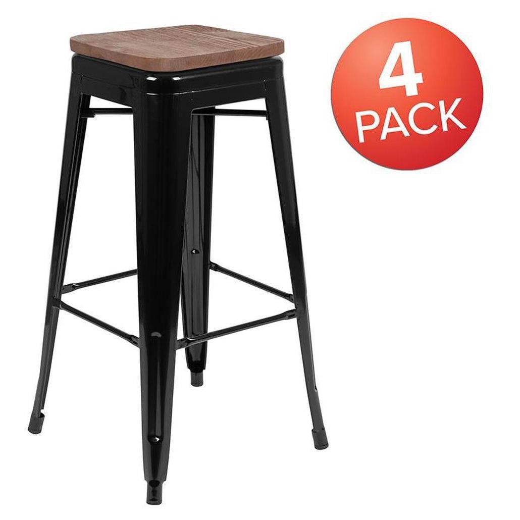 Tabourets de bar intérieurs empilables en métal avec assise bois – hauteur bar – lot de 4