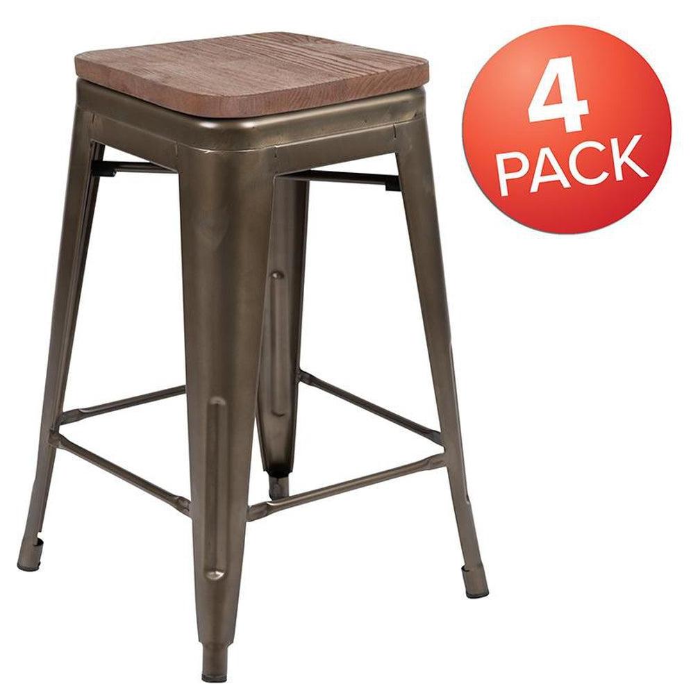 Tabourets hauteur comptoir intérieurs empilables en métal avec assise bois – lot de 4
