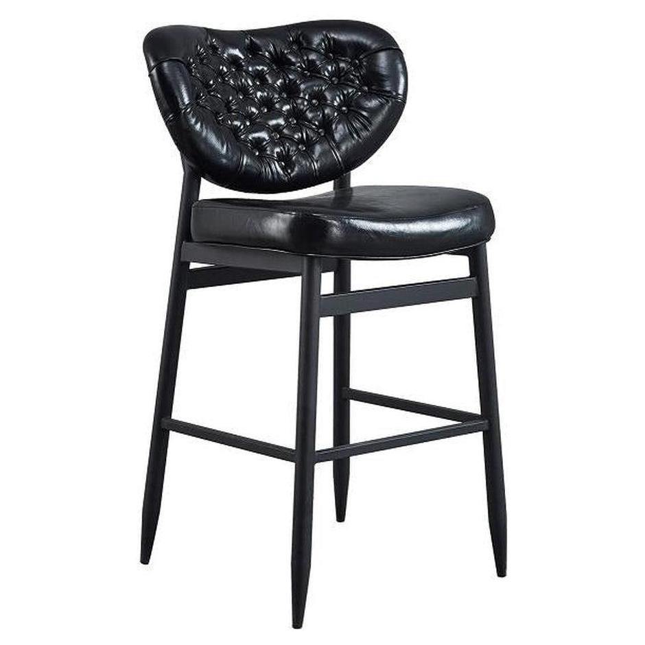 Indoor metal bar stool with black vinyl seat and tufted backrest