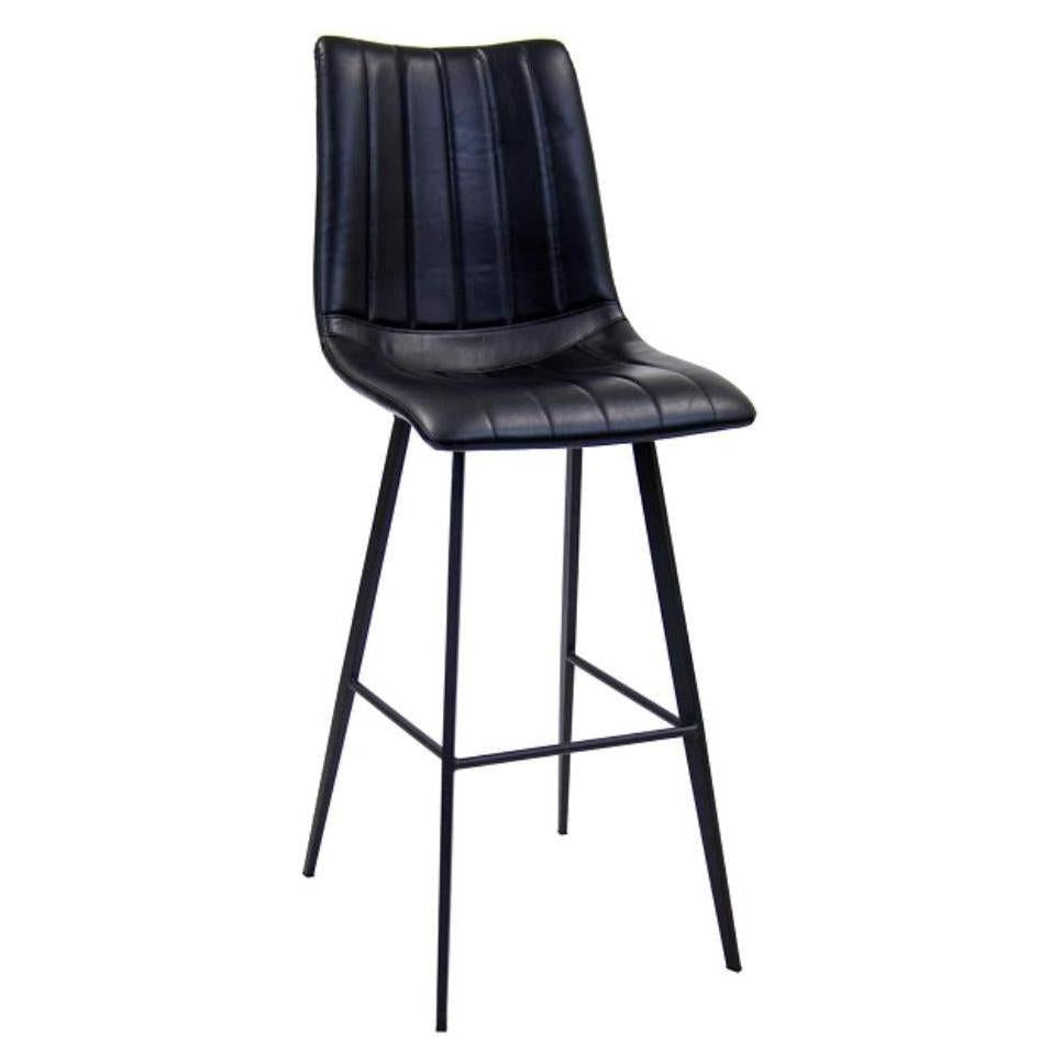 Tabouret de bar intérieur en métal noir avec assise et dossier vinyle à coutures verticales